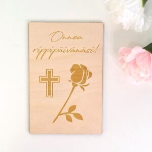 Puinen kortti onnea rippipäivänäsi, ruusu ja risti